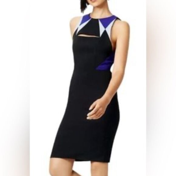 BCBGMaxAzria Geometric Cutout Cocktail Dress Black Blue Sleeveless Tailored 4 - Picture 2 of 14